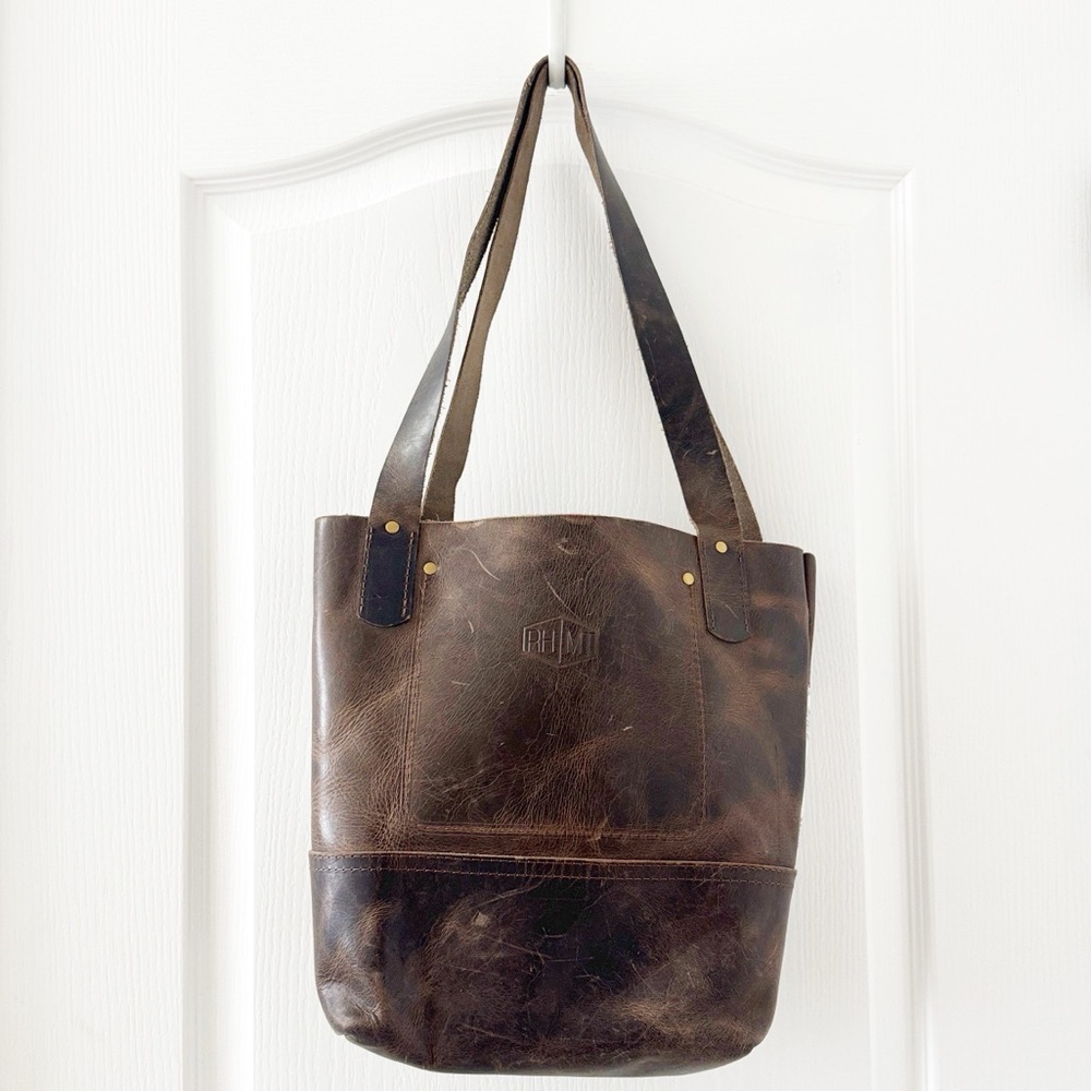 RH/MT Handcrafted Leather Tote bag With a woven Wool geometric panel - Picture 4 of 7